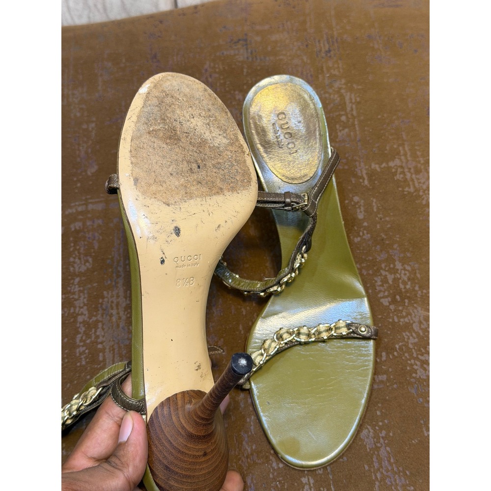 Gucci Womens Olive Green Leather Chain Link Strappy Stiletto Heel Sandals 8.5B - Picture 5 of 8